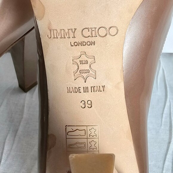 Jimmy Choo Metallic Peep Toe Heels Champagne Block Heel Pumps Size 39 - Picture 12 of 16